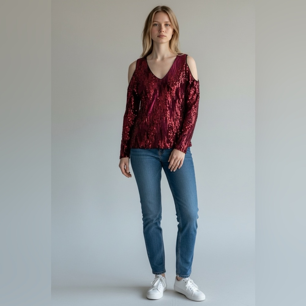 NWT ALEXIA ADMOR Sequin Velvet Cold Shoulder Top V-Neck Red Size Medium